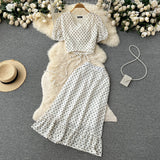 Summer Women Polka Dot Chiffon Two Piece Set Vintage V-Neck Bandage Short Tops + High Waist Mermaid Skirt 2Pcs Suits New