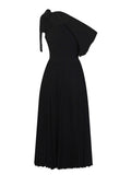Fashion Women's Dress New Solid Color Slim Sloping Shoulders Turn-down Collar Pleated Dresses Female Summer 2023