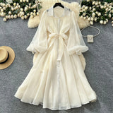 Dress Woman Autumn 2025 Court Style Niche Collar Single Buckle Strap To Belt Lantern Sleeve Long