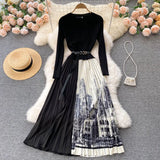 2021 Women Pleated Dress Fashion Korean Long Sleeve Splice Print A-line Dresses Autumn Chic Streetwear New Long