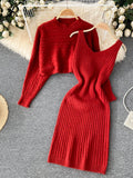Women Sexy Knitted Two Pieces Suits Short Loose Pullover Top+Midi Camis Dress Striped Winter Streetwear Sweater