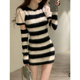 Striped Knitted Dress Women Design Long Sleeve Y2k Mini Sweater Dress Party One Piece Dress Korean Fashion 2022