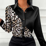 ZANZEA Autumn Women Full Sleeve Blouse Blusa Leopard stitching Lapel Chemise Bohemian Fashion Elegant Work OL Party Retro