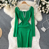 Retro Bodycon Knitted Dress Temperamant Long Sleeve Slim Sweater Dress Square Collar Women Winter Short Knit