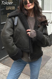 MODA Women Fashion Thick Warm Faux Leather Blackish Green Jacket Coat Vintage Long Sleeve Flap Pocket Female Chic