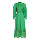 TWOTWINSTYLE Green Dresses For Women Stand Collar Puff Sleeve High Waist Hollow Out Slim Dress Female Style Summer 2022
