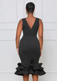 Sexy V-neck Sleeveless Solid Ruffles Layered Midi