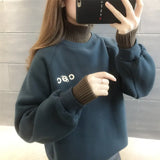 Turtleneck Hoodies Women Plus Velvet Warm Harajuku Printed Pullovers Tops Womens Oversize Patchwork Leisure Chic