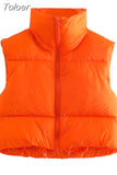 Solid Stand Collar Cropped Waistcoat Puff Vest Women Casual Sleeveless Zipper Jackets Autumn Winter Warm