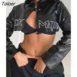 Motorcycle Contrast Stripe Print Leather PU Jackets Streetwear O Neck Jacket Zip Up Moto & Biker Women Clothes