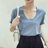 Loose Solid Minimalist T Shirt For Women U Neck Short Sleeve Casual T Shirts Female Summer Clothing Style New