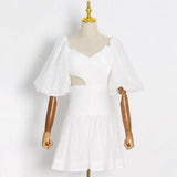 White Mini Dress For Women V Neck Short Sleeve Cut Out Solid Minimalist Dresses Female Fashion Clothing Summer