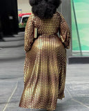 Plus Size Brown Polk Dot Printed V-neck Long Sleeve Maxi Dress with