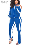 Winter Two Piece Set Tracksuit For Women Long Sleeve Striped Coat And Skinny Pants Sweat Suits Casual Sportswear