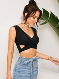 V-neck Solid Lace Up Short Tank