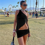 Sexy Summer Y2k Dress Sets One Shoulder Crop Top and Mini Skirts Sets Drawstring Beach Women's Outfits Club Party