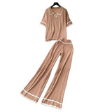 Version Of Retro Fashion Collar Collar Short-Sleeved Knitting Top + High-Waisted Casual Broad-Legged Trousers 2025 Summer