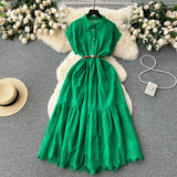 Design Buckle Loose Collar With Long Dress Women Summer Waist 100 Folded Shirt Collar Splicing Long