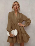 New Fashion Temperament Women's Fungus Lace Collar Solid Color Ruffled V-neck Lantern Long-sleeved Loose Casual