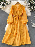 Lace Embroidary Women Dress 2022 Summer Fashion Elegant Long Sleeves Hollow Out French Style Ladies A Line