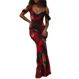 Women Floral Dress Summer Fashion Off Shoulder Suspender Sleeveless V Neck Maxi Dresses Holiday Party Long Beach