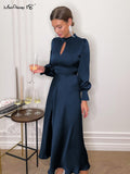 Eyelet Elegant Evening Party Satin Dress Ladies Navy Lantern Sleeve Women Midi Dress Hollow Out Keyhole Dress