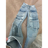 Multi-Pocket Workwear Jeans Women's Large Street Vibe High-Waist Broad Legs Casual Straight