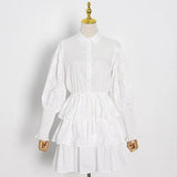 Hollow Out White Dress For Women Lapel Puff Long Sleeve High Waist Mini Dresses Female Fashion Clothing 2020