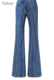 2023 Autumn New Women's Denim Flare Pants Botton Striped Zippers Slim High Waist Irregular Jeans Fashion Female Tide