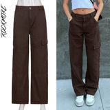 Rockmore Brown Vintage Baggy Jeans Women 90s Streetwear Pockets Wide Leg Cargo Pants Low Waist Straight Denim Trousers