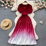 Pleated Gentle Women Summer Dress 2022 Sashes V Neck Temperament Elegant Vacation Ladies Solid Chic A Line