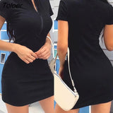 Women Sexy Vestidos Solid Color Mock Neck Short Sleeve Ribbed Zip Bodycon Mini Short Dress Women Clothes Party