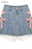 Kawaii Denim Mini Skirt Women Sexy Gyaru Pink Bow Bandage Lace Patchwork High Waist Pleated Jean Skirt Y2k Shorts