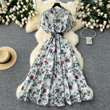 Niche High-End Light Style Single Row Buckle Short-Sleeved Printed Shirt Dress Female Magenta Vintage Chiffon