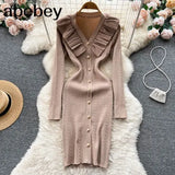 Women Ruffles Knitted Pencil Dress Korean Long Sleeve V Neck Elastic Slim Dress Autumn Winter Sexy Bodycon Warm Sweater