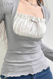 y2k Lace Patchwork Fake Two Piece T-shirt Fairycore Flare Long Sleeve Tops Spring Casual Kawaii Clothes Korean