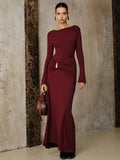 New Women's Fashion Temperament Wine Red Dress Metal Accessories