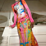 Toloer Women's Fall / Winter 2024 Fashion Print High-Stretch Long-Length Dress-Outfit