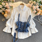 Two Pieces Outfits for Women Vintage Shirts Fashion Puff Sleeve Blouses Loose Denim Shirt Jeans Tops Vest Korean 2 Piece