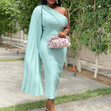 Women's Autumn Fashion Slanted Shoulders Solid Color Pressure Folded High Waist Tight Body Dress African