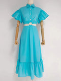 Pink Cut Out Dress For Women Lapel Short Sleeve High Waist Solid Loose Midi Dresses Female Korean Fashion