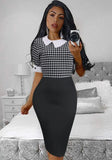 Printed Formal Turn-down Collar Short Sleeves Patchwork Midi Office