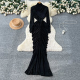 Women's Fashion Dress 2025 Autumn Design Feeling Cross-Folded Slim Top-Cuffed And High-Necked