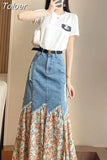 Popular White Cotton T-shirt Pleated Chiffon Denim Patchwork Skirt Elegant Women's Skirt Suit Party Dress Female