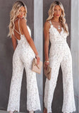 White Elegant V-neck Sleeveless Solid Lace Backless Full Length Regular Straps Rompers 1028-1-Outfit