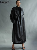 Lautaro Autumn Extra Long Oversized Black Faux Leather Trench Coat for Women Long Sleeve Belt Double Breasted Loose Fashion