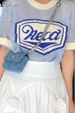 Letter Print Crochet Top Women Korean Dongdaemun 2023 Summer Knit T-shirt Contrast Hollow Short Sleeve Tee