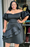Plus Size Black Off Shoulder Puff Sleeve Ruffled Party