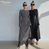 Fashion Loose Print Women'S Dresses 2023 Elegant O-Neck Long Sleeve Long Dress Casual High Waist Bandage Female