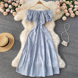 Women Floral Dress bohemian A-Line slash neck short sleeves dress summer vintage beach off shoulder Polka Dot